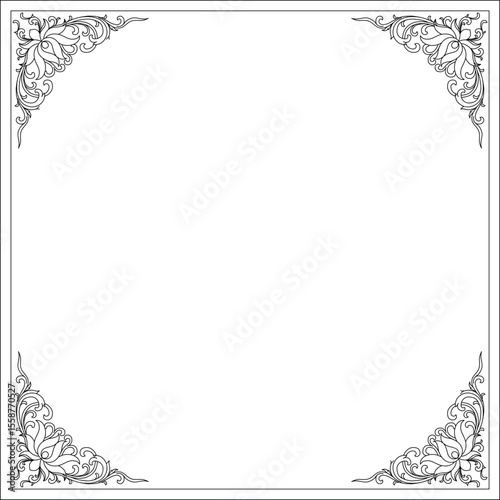 Detailed B&W line art of ornate corner decorations within a square frame. Features intricate traditional scrollwork, ideal for borders or design elements.