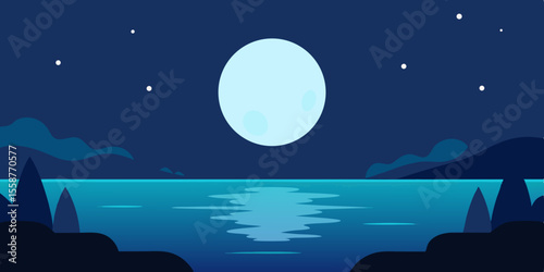 Moonlit city skyline reflecting in the dark sea under a starlit night sky