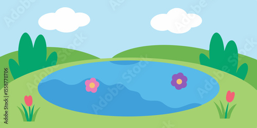 Vibrant summer and spring landscapes unfold under a blue sky with a brilliant rainbow, featuring rolling green hills, a winding river, and distant mountains amidst fluffy clouds
