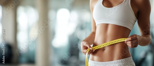The woman measuring her waist in a gym setting for fitness progress.