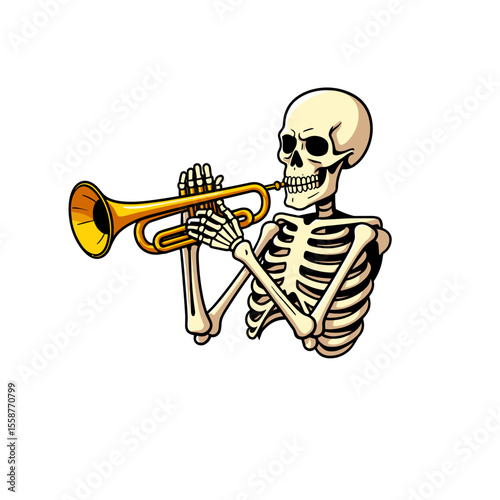 Skeleton playing trumpet on white background, Halloween music illustration