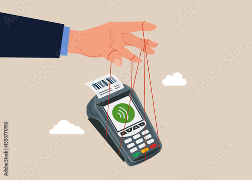 Businessman controls numbers in account on POS point of sale terminal for credit card payment. Budget allocation, expense and debt pay off or payment. Flat vector illustration