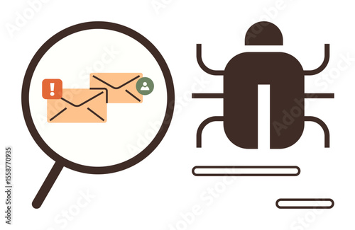 Magnifying glass analyzing suspicious emails alongside a symbolic bug representing malware. Ideal for cybersecurity, threat detection, email security, coding, phishing prevention, tech risks, simple