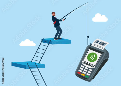 Businessman catching POS point of sale terminal for credit card payment on fishing rod. 24-7 support service,  working hours. Vector illustration in flat style. 