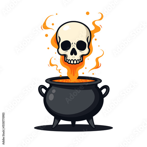 Skull with Flames Over Cauldron, Halloween Spooky Decoration