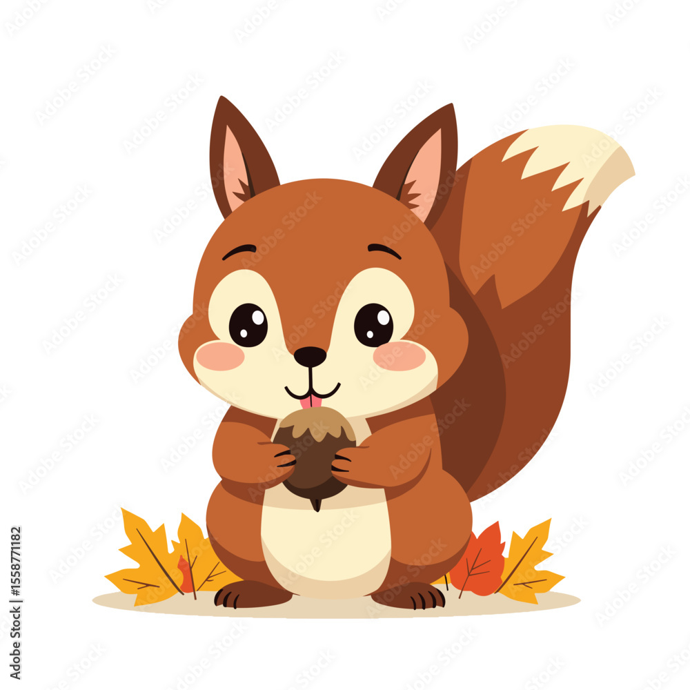 Fototapeta premium Cute cartoon squirrel holding acorn, autumn season illustration