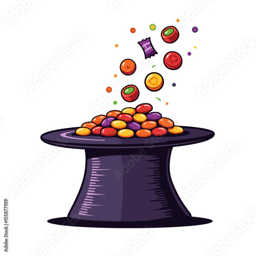 Colorful candies in magician's hat, whimsical sweet magic illustration