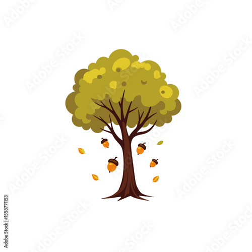 Autumn tree with falling acorns and leaves, seasonal nature illustration