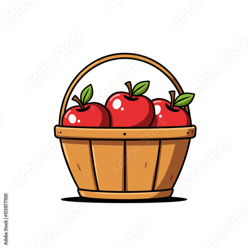Basket of Red Apples Illustration on White Background, Harvest Season