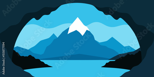 A breathtaking mountain landscape unfolds at dawn, with snow-capped peaks reflecting in a serene blue lake under a clear sky