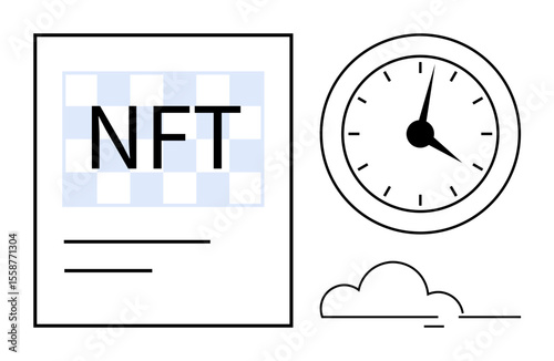 NFT document with minimalist design, analog clock, and scattered cloud symbol. Ideal for crypto economy, blockchain, digital assets, ownership, time management technology and abstract ideas. Clean