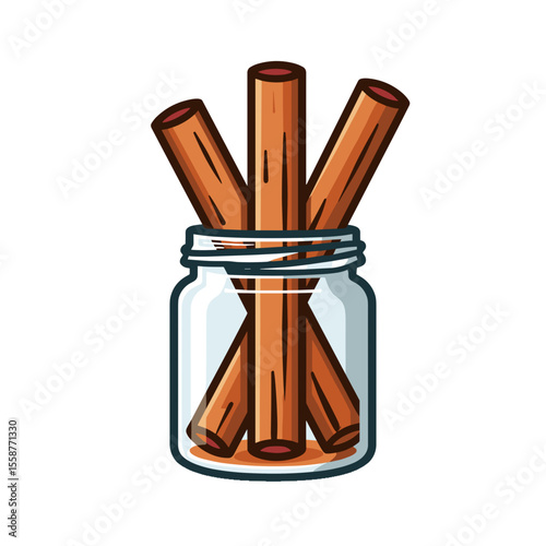 Cinnamon sticks in glass jar, spice illustration for culinary themes