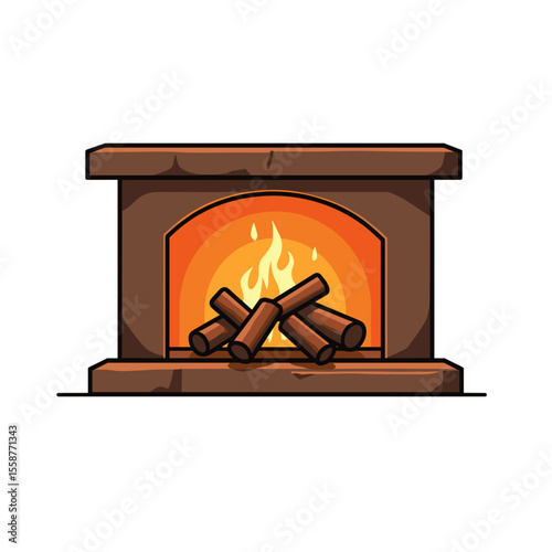 Illustrated Cozy Fireplace with Burning Logs, Home Warmth and Comfort