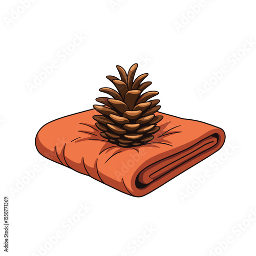 Brown pinecone on orange folded blanket, autumn cozy home decor