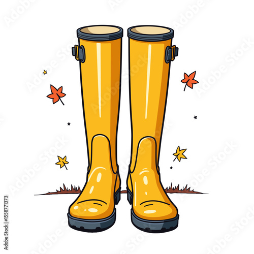 Yellow rain boots with autumn leaves, seasonal fall footwear illustration
