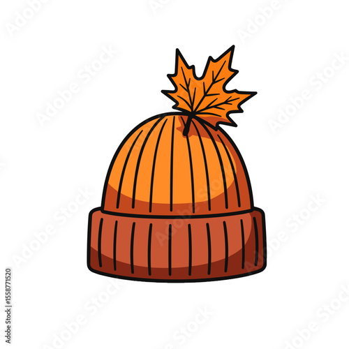 Autumnal orange beanie with maple leaf – seasonal fashion illustration
