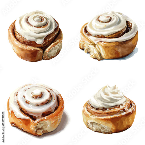 Delicious watercolor cinnamon roll illustration set with creamy icing swirls, perfect for bakery menus, food packaging, and dessert branding.

