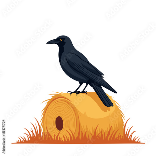 Crow perched on hay bale, autumn rural scene with straw copyspace