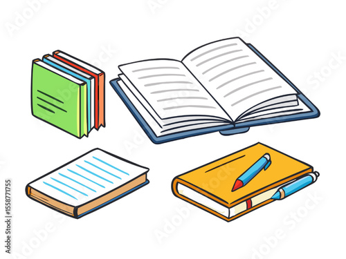 Colorful Books and Notebooks Icon Set Perfect for Education Designs