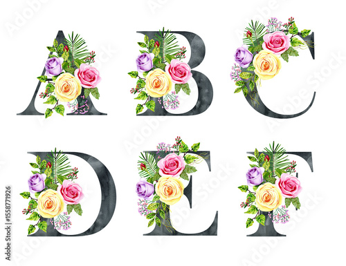 Wallpaper Mural Watercolor floral alphabet for wedding invitations, greeting card, birthday, logo, poster and other. Torontodigital.ca