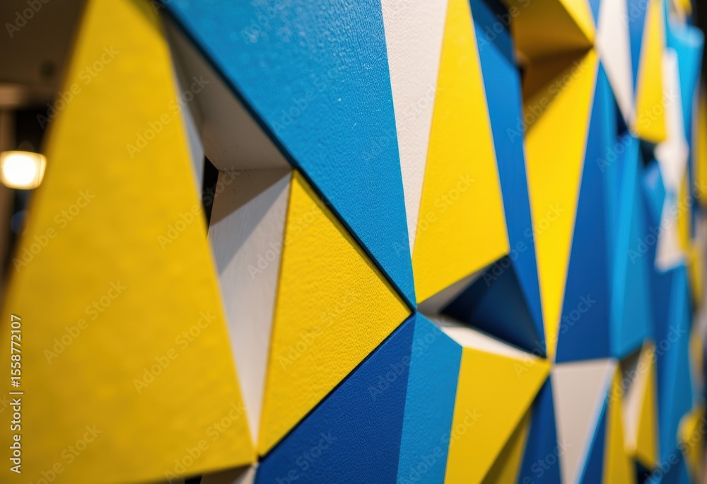 Obraz premium Close-up of colorful geometric wall art with blue yellow and white shapes