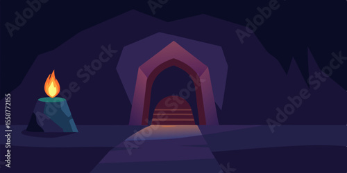 Ancient arched stone entrance with a magic lamp casting light on a medieval brick wall at night