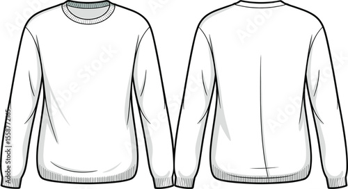  Unisex Crew Neck Sweatshirt Technical Flat Sketch, Front and Back View, Long Sleeve Pullover Apparel Template, Fashion Design Blank Mockup, Comfortable Casual Wear