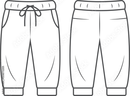 Unisex Cropped Sweatpants Technical Flat Sketch, Front and Back View, Drawstring Waist Apparel Template, Fashion Design Blank Mockup, Comfortable Casual Wear