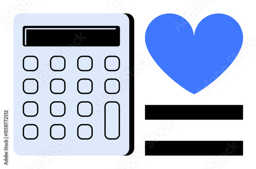 Calculator and blue heart next to an equal sign highlight themes of logic, love, equality, balance, decision-making, personal finance, emotional intelligence. Ideal for finance ads, motivational