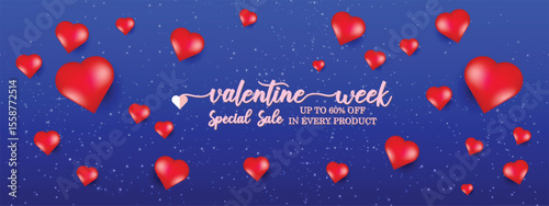 Valentine big sale poster with heart shaped balloon's, in a blue background, can be used in salle marketing poster, love banner, valentine week sale banner, vector art illustration