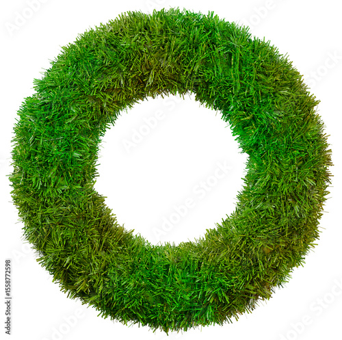 Minimalist empty green Christmas wreath without decor made of artificial grass tinsel, isolated on white background. Suitable for design mockups or creating your own festive arrangement.