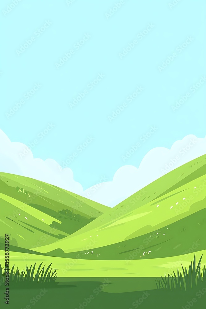 Fototapeta premium Green hills with blue sky in the background, a simple flat vector illustration