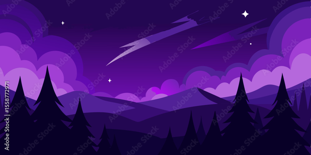 Naklejka premium Here's a single sentence combining those elements:Starry night fantasy landscape with moonlit mountains and silhouetted winter trees