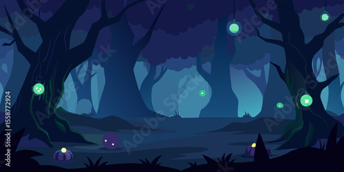 A blue vector illustration of a Halloween night sky over the ocean with a tree and bats, evoking deep sea marine life
