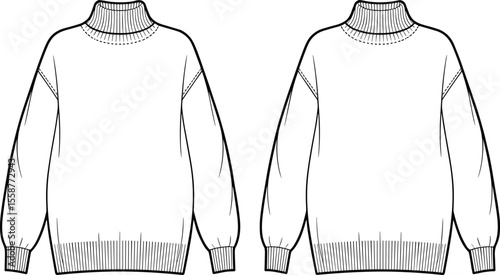Oversized Mock Neck Knit Sweater Technical Flat Sketch, Front and Back View, Long Sleeve Pullover Apparel Template, Fashion Design Blank Mockup, Comfortable Winter Wear