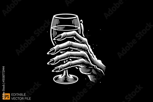 hand holding glass of wine dark horror art illustration design black and white backgroud templates