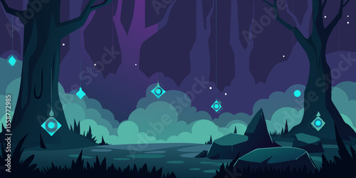 Blue deep ocean night with shark, dolphin, and abstract coral reef illustration