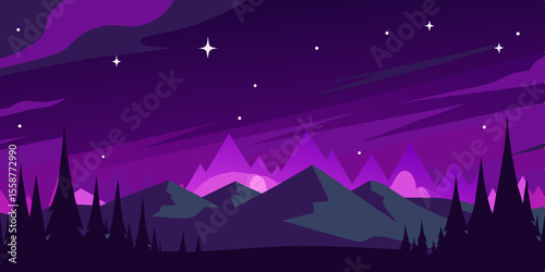 Starry night sky landscape with desert mountains and a lone tree silhouette