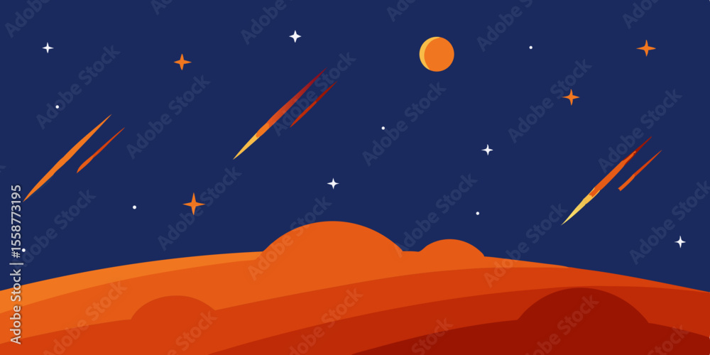 Naklejka premium Starry night sky with a full moon over a dark mountain landscape, an abstract illustration of nature's celestial beauty