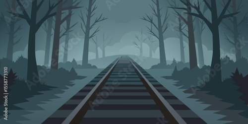 A lone wooden footbridge over water leads into a foggy forest on a green, misty morning