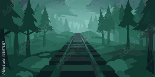 A serene wooden boardwalk path winds through a sunlit forest, leading to a tranquil river