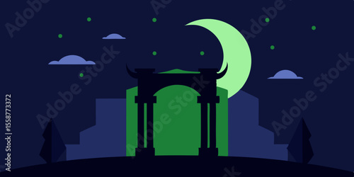 Spooky Halloween night background with a silhouette of a haunted house, trees, and bats against a moonlit sky, perfect for a scary holiday illustration