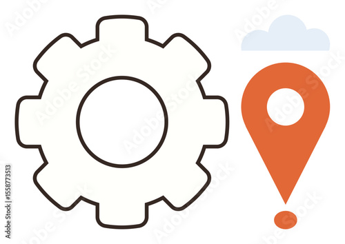Gear indicating system or process with orange location marker symbolizing navigation, planning, and strategy. Cloud represents connectivity. Ideal for technology, logistics, innovation, workflow