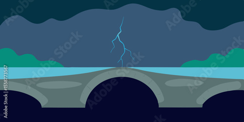 A stunning vector illustration of a railway bridge gracefully spanning a river, with majestic mountains, a serene blue sky, and a distant ocean under the summer sun
