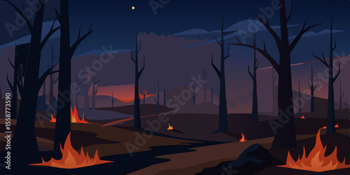Night forest fire illuminating the winter landscape with dark trees against a moonlit sky