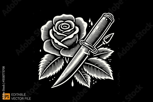knife and rose dark horror art illustration design black and white backgroud templates