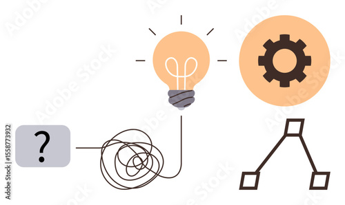 Question block connects to tangled line leading to bright light bulb and gear with process chart. Ideal for problem-solving, innovation, process management, creativity, brainstorming
