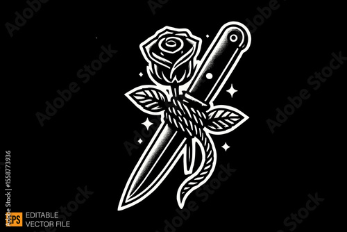 knife and rose dark horror art illustration design black and white backgroud templates