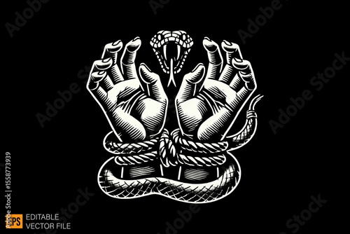 hand tied by snake dark horror art illustration design black and white backgroud templates