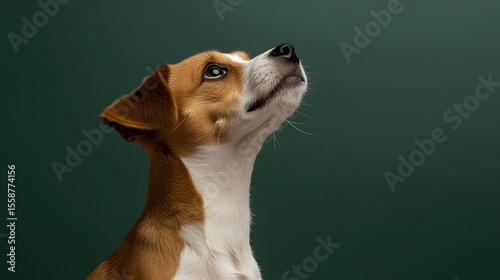 Cute Puppy Dog Looking Up Green Background